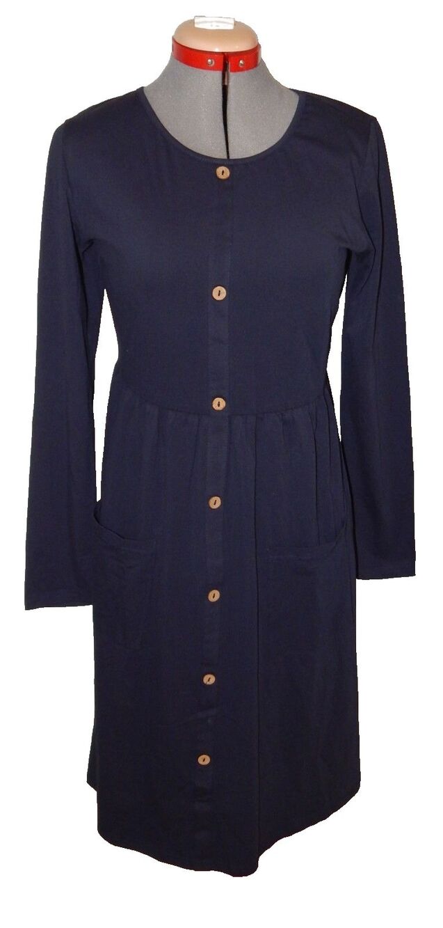 Kilig Women's Sz LG Blue Cotton Round Neck L/Sleeve Casual Knee Length Dress NWT